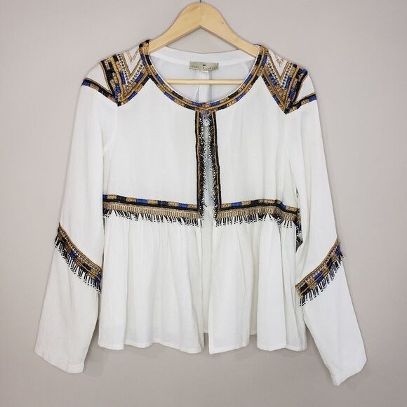 Del Lago Medium NWT Beige Long Sleeve Boho Beaded Embroidered Cropped Jacket - Picture 2 of 15